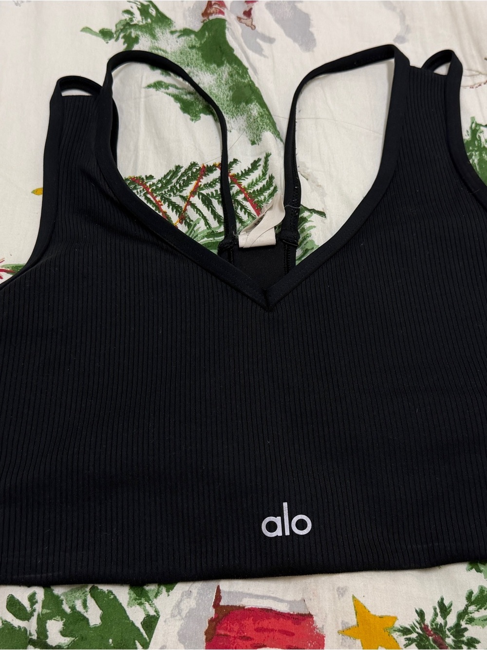ALO Yoga Black Ribbed Sports Bra with Thin Straps